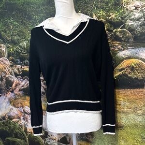 Chic Black V-Neck Sweater with White Accents